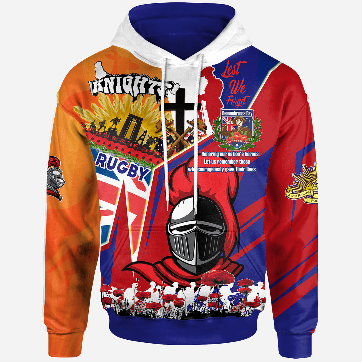knights-rugby-hoodie-custom-remembrance-knights-anzac-quote-with-poppy-and-rosemary-hoodie