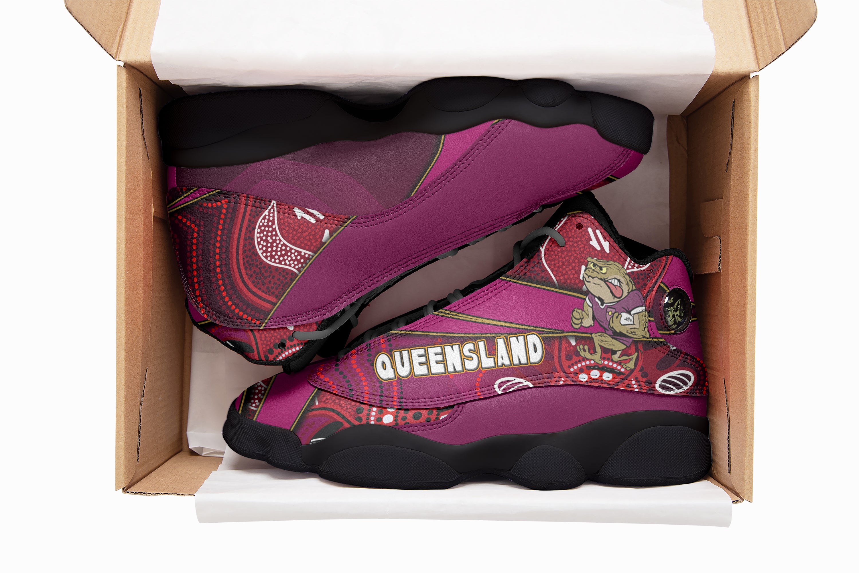 queensland-rugby-league-team-high-top-basketball-shoes-j13-queensland-maroons-mascot-aboriginal-art-state-of-origin-sneakers-j13