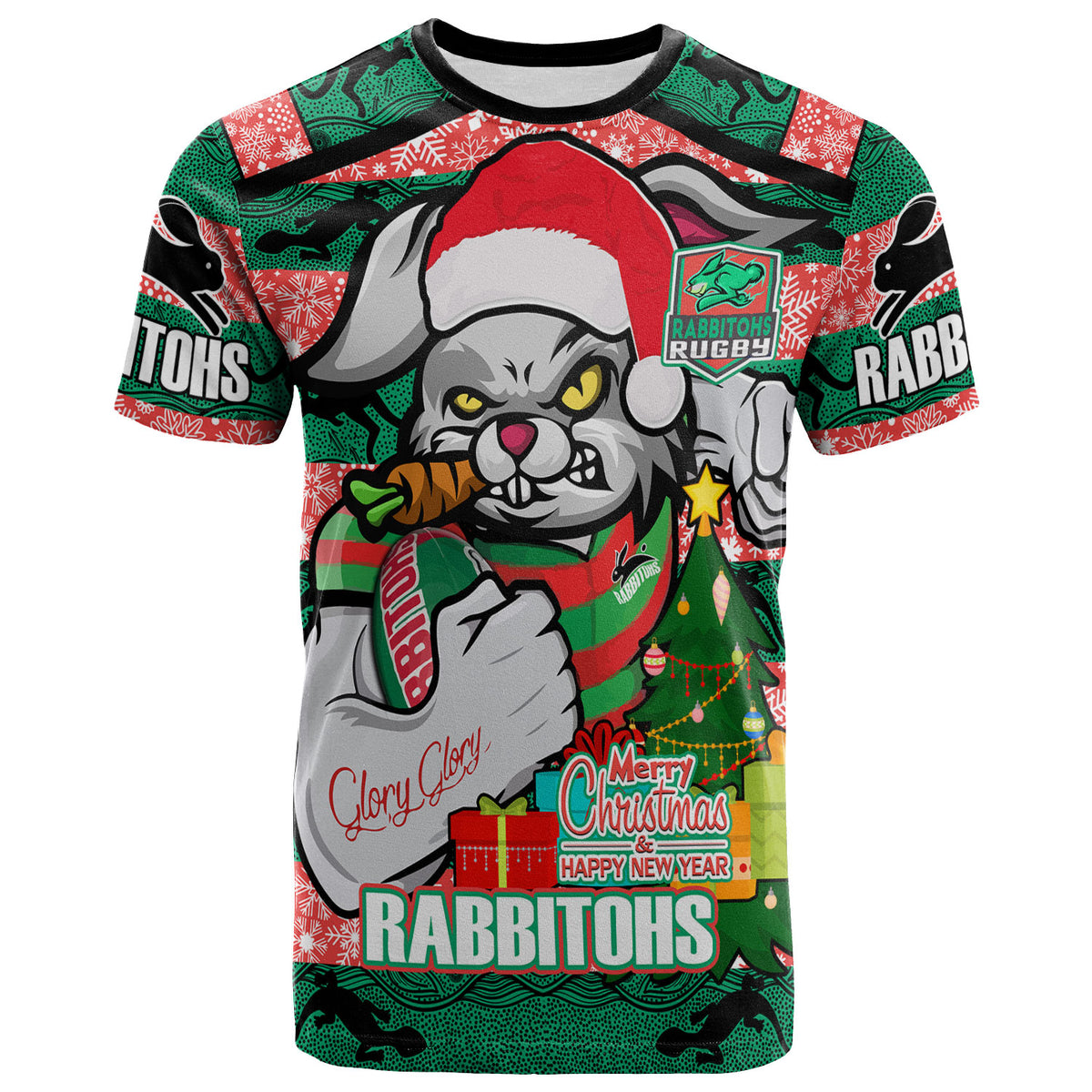 rabbitohs-christmas-rugby-t-shirt-merry-christmas-super-rabbitohs-with-rugby-ball-and-aboriginal-patterns-custom-t-shirt