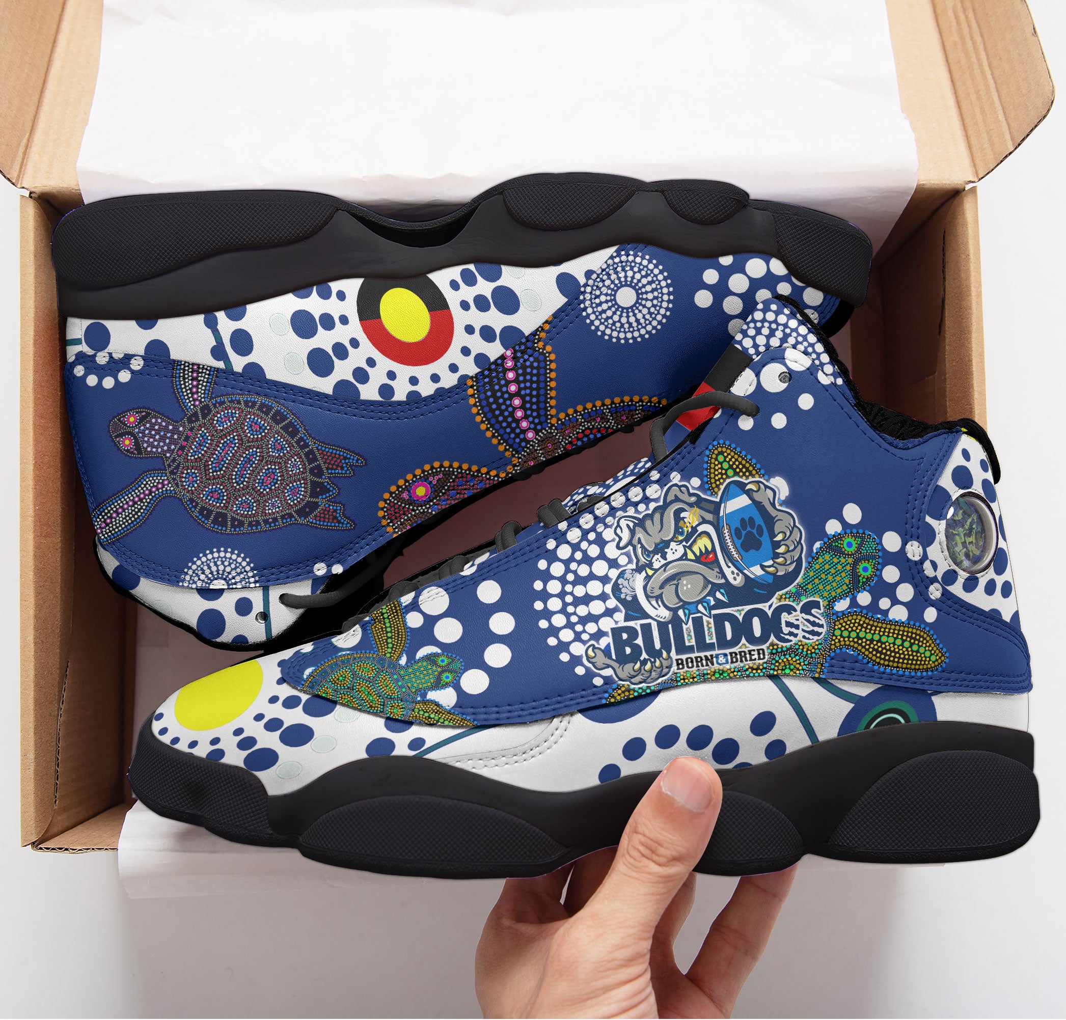 bulldogs-rugby-born-bred-high-top-basketball-shoes-j13-custom-indigenous-bulldogs-with-rugby-ball-and-aboriginal-patterns