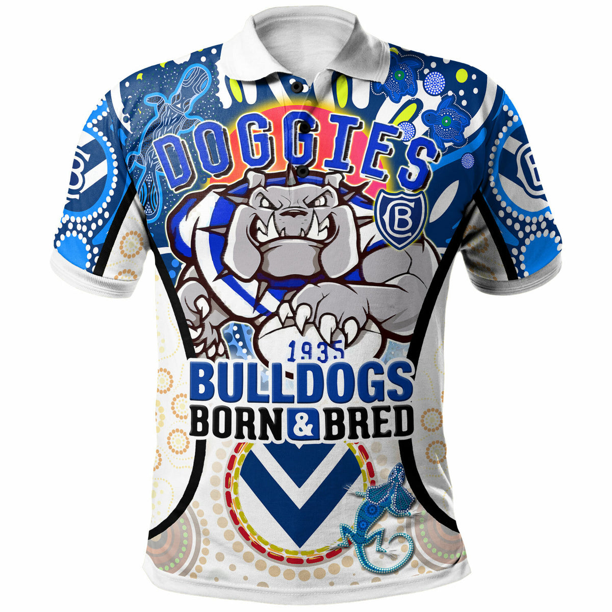 bulldogs-rugby-polo-shirt-custom-bulldogs-mascot-with-aboriginal-art-personalised-player-and-number-polo-shirt