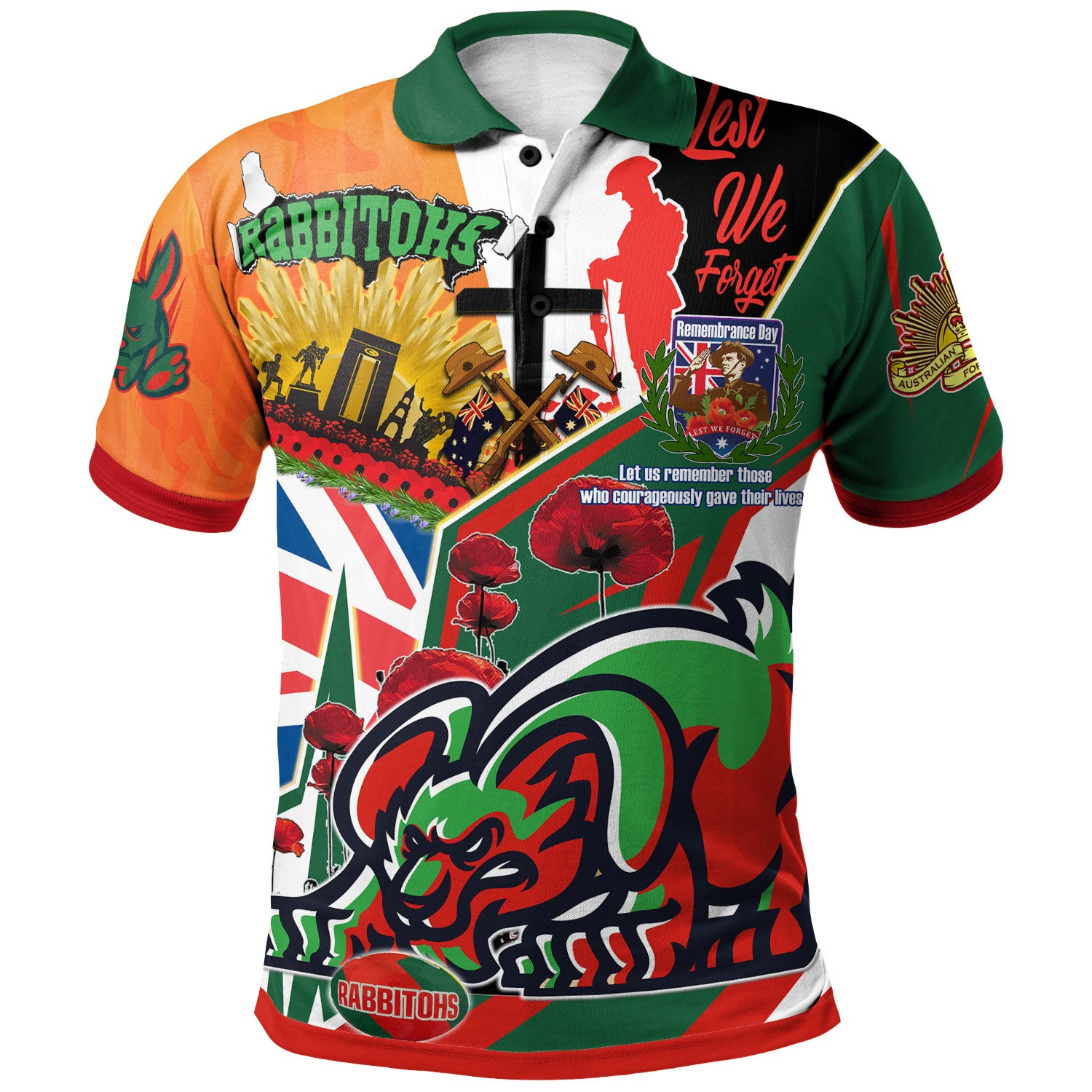 rabbitohs-rugby-polo-shirt-custom-remembrance-rabbitohs-anzac-quote-with-poppy-and-rosemary-polo-shirt