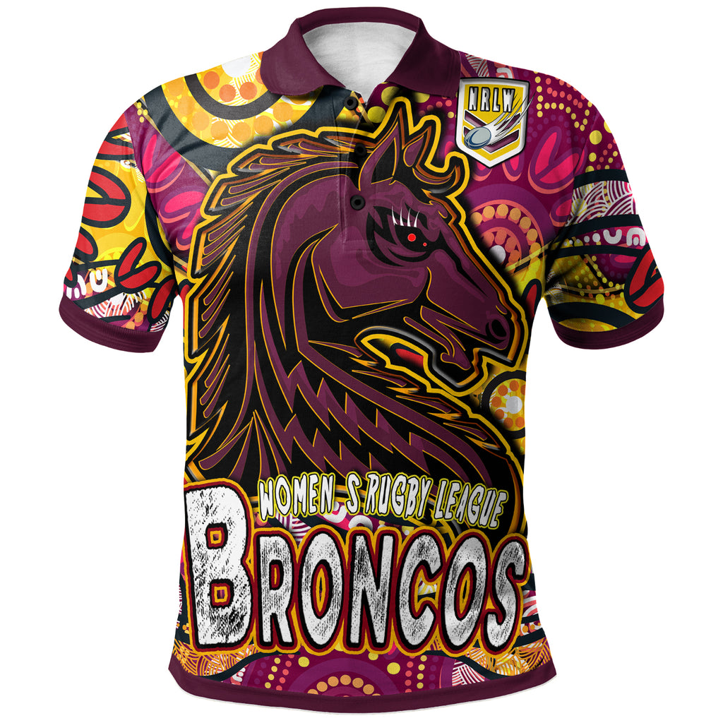 nrlw-broncos-rugby-polo-shirt-custom-broncos-rugby-womens-rugby-league-aboriginal-dot-painting-polo-shirt