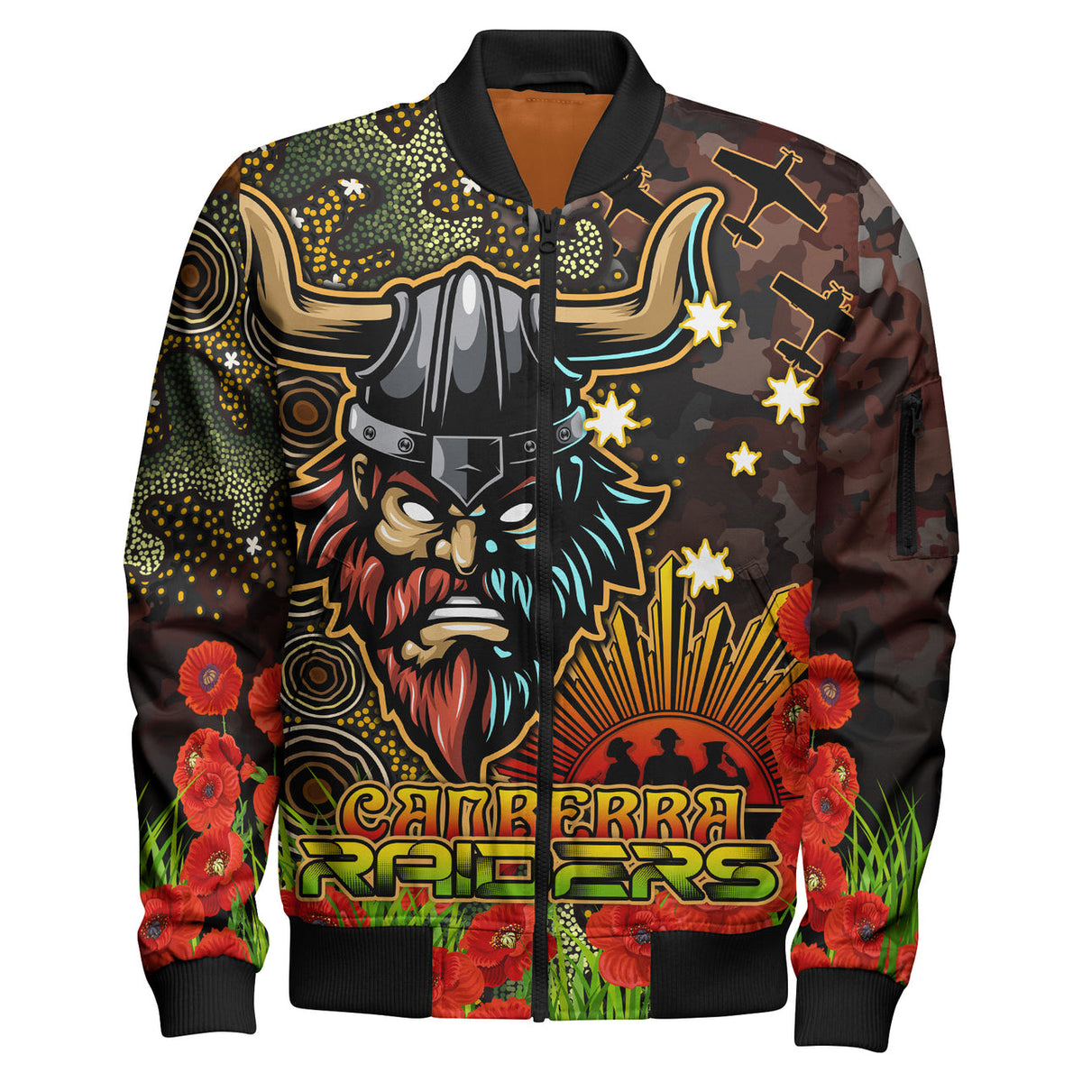 raiders-rugby-bomber-jacket-custom-anzac-raiders-with-remembrance-poppy-and-indigenous-patterns-bomber-jacket