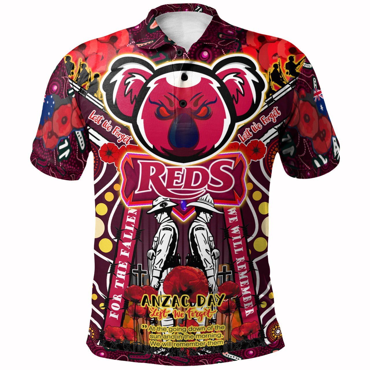 reds-rugby-anzac-aboriginal-custom-watercolour-polo-shirt-remembrance-queensland-reds-with-koala-and-poppy-flower