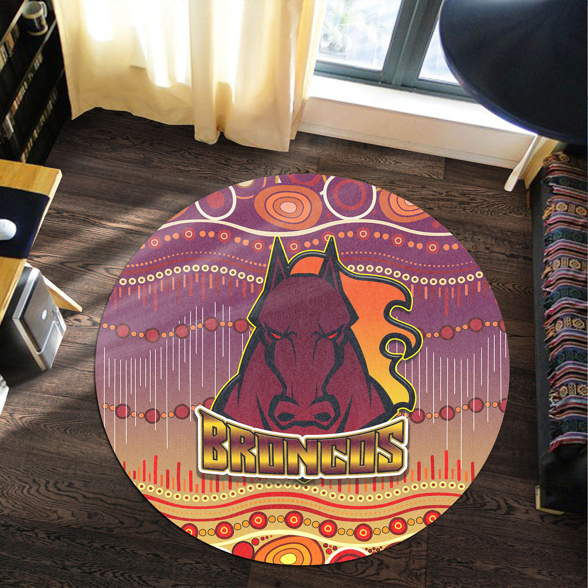 broncos-rugby-round-rug-horse-aboriginal-patterns-round-rug