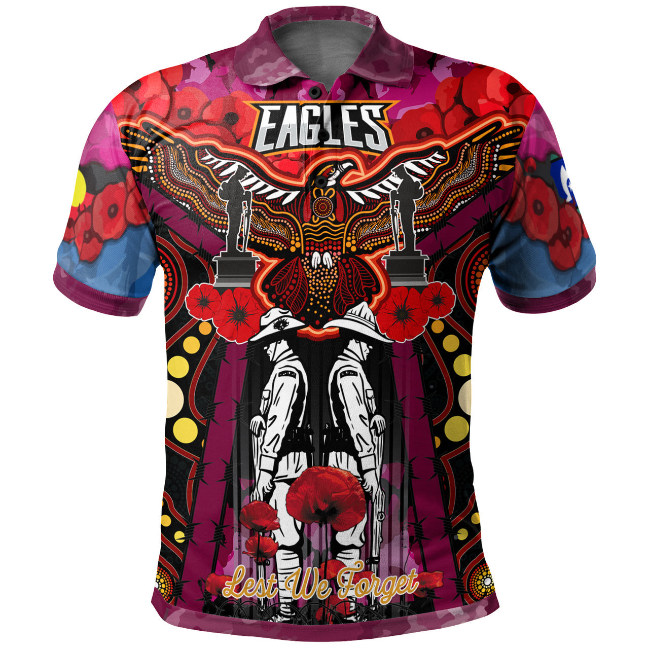 eagles-aboriginal-rugby-anzac-day-custom-polo-shirt-remembrance-sea-eagles-with-poppy-flower-watercolour-style