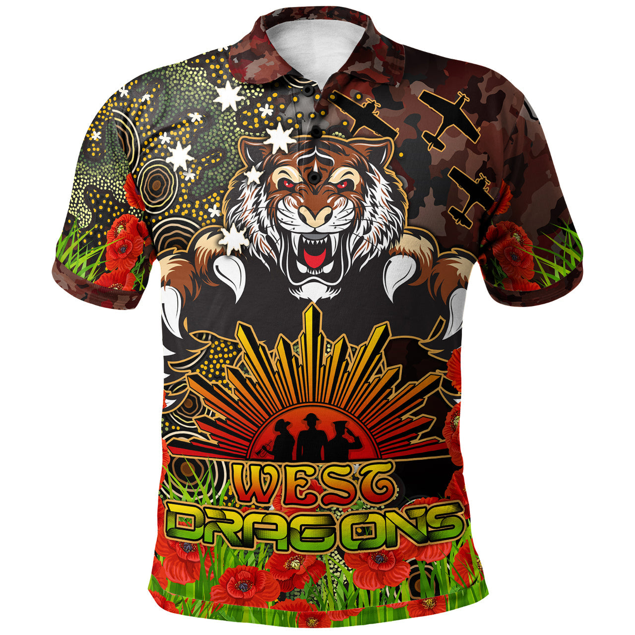tigers-rugby-polo-shirt-custom-anzac-tigers-with-remembrance-poppy-and-indigenous-patterns-polo-shirt