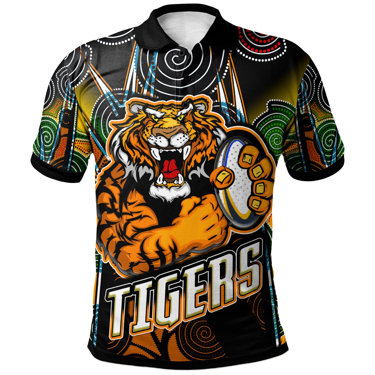 tigers-rugby-polo-shirt-custom-tiger-rugby-ball-aboriginal-art-vector-painting-personalised-player-and-number-polo-shirt