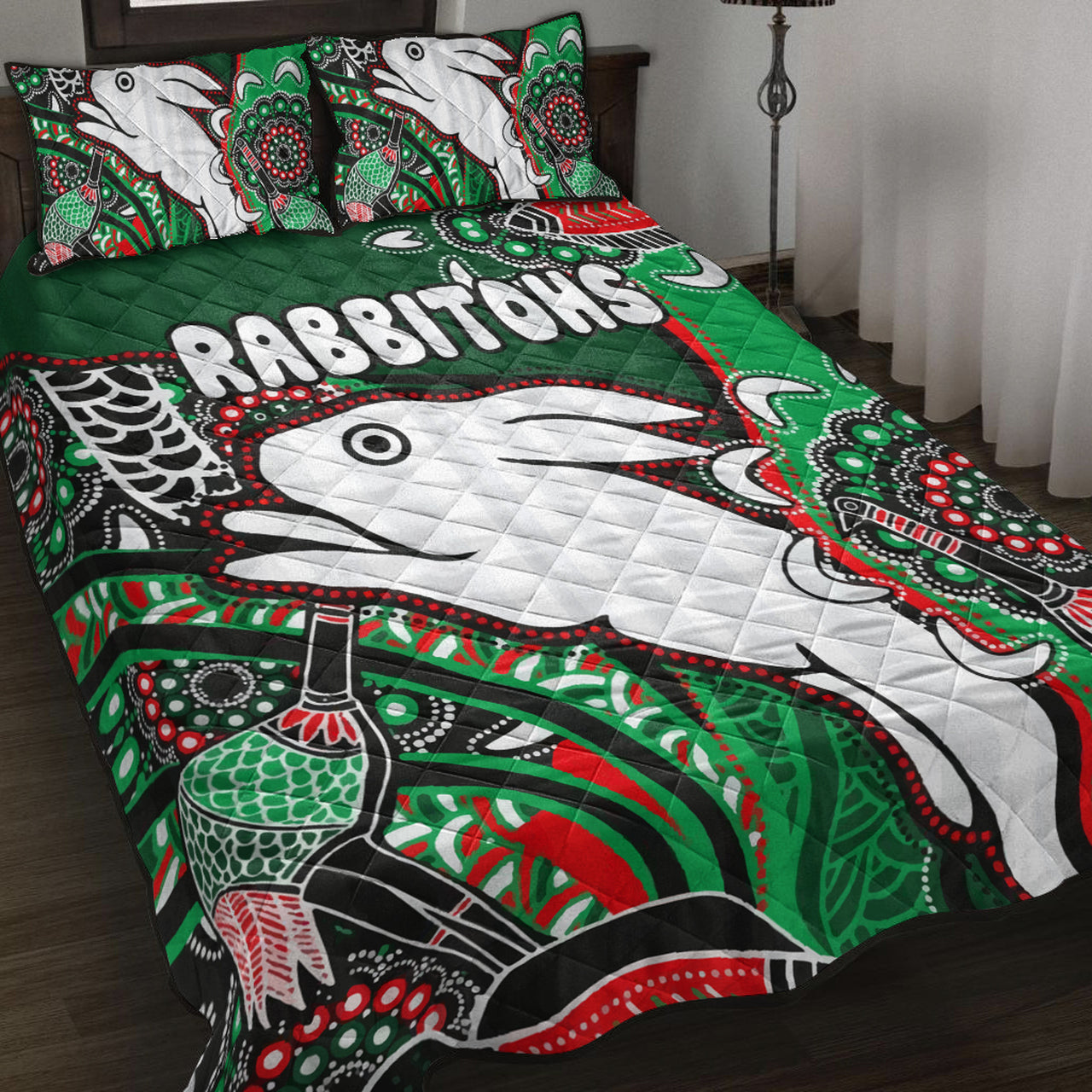 south-sydney-rabbitohs-rugby-custom-quilt-bed-set-indigenous-dreaming-rabbitohs