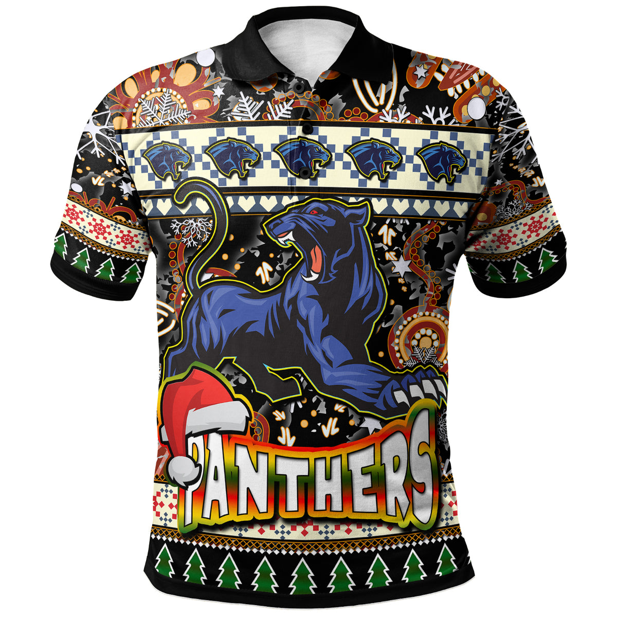 panthers-rugby-christmas-polo-shirt-custom-xmas-panthers-christmas-balls-snowflake-with-aboriginal-patterns-polo-shirt