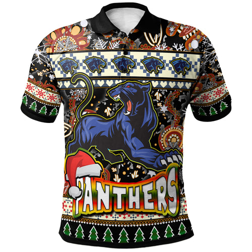 panthers-rugby-christmas-polo-shirt-custom-xmas-panthers-christmas-balls-snowflake-with-aboriginal-patterns-polo-shirt
