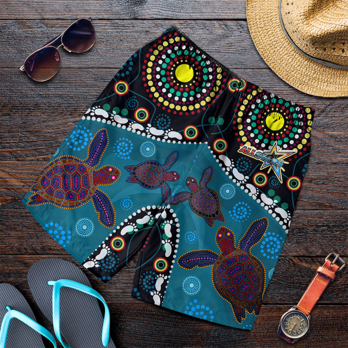indigenous-all-stars-rugby-custom-men-short-dreamtime-turtle-with-aboriginal-and-torres-strait-islanders-flag