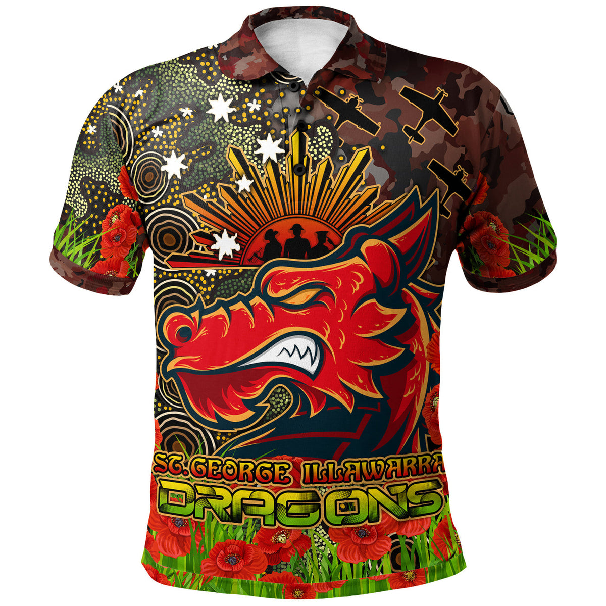 stgeorge-rugby-polo-shirt-custom-anzac-dragons-with-remembrance-poppy-and-indigenous-patterns-polo-shirt