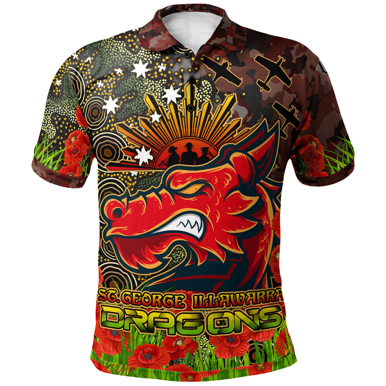 stgeorge-rugby-polo-shirt-custom-anzac-dragons-with-remembrance-poppy-and-indigenous-patterns-polo-shirt