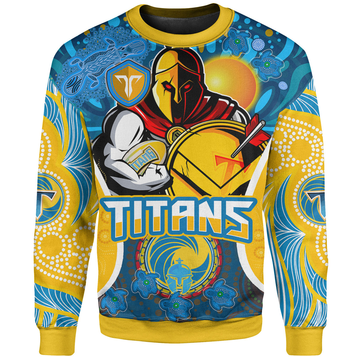 titans-rugby-sweatshirt-custom-gold-coast-titans-mascot-with-aboriginal-art-personalised-player-and-number-sweatshirt