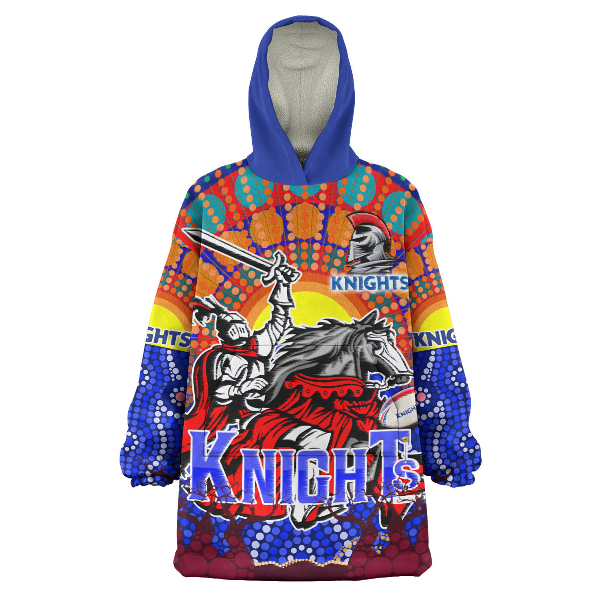 knights-rugby-snug-hoodie-custom-indigenous-knights-with-rugby-ball-and-sun-watercolor-dot-painting-oodie-blanket