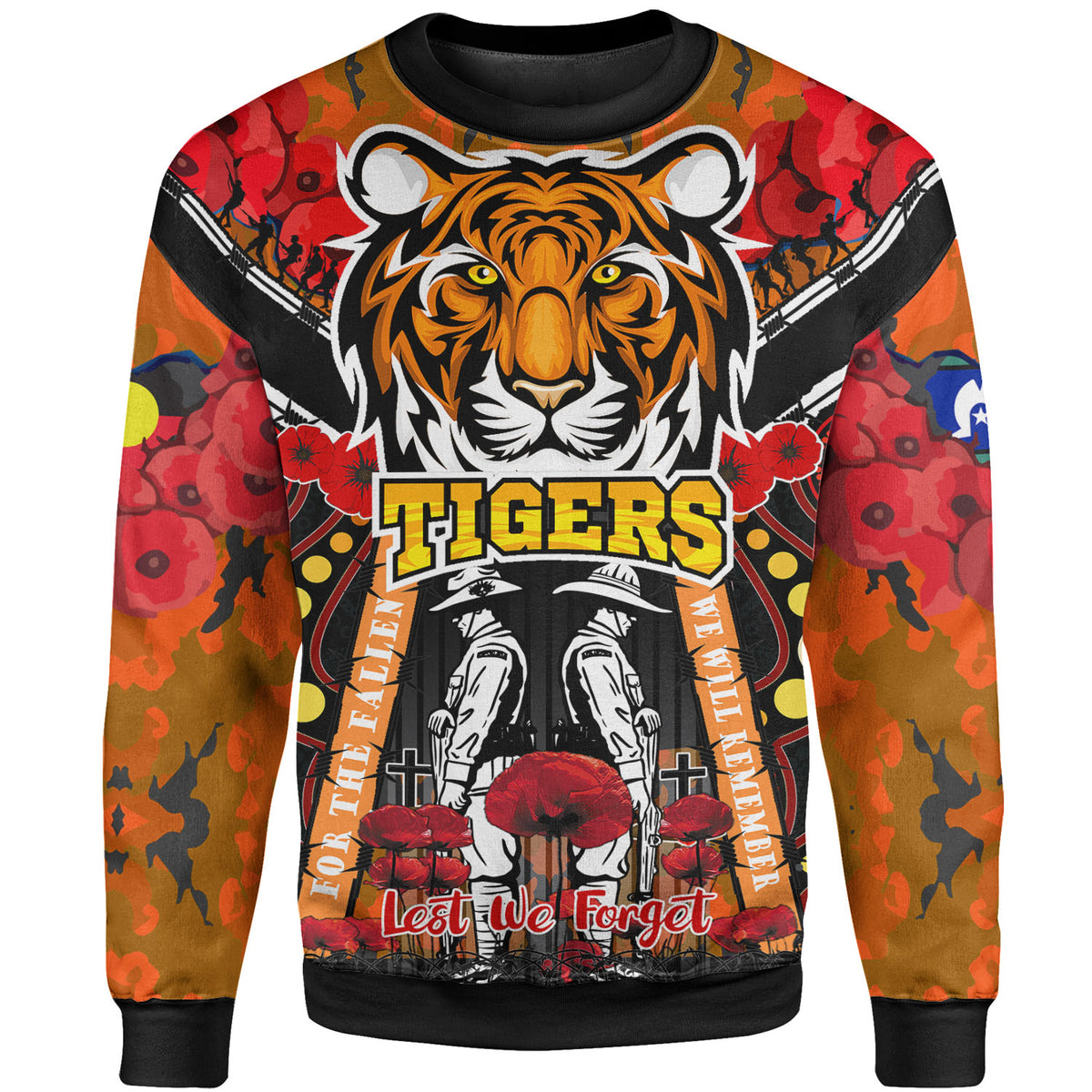 tigers-rugby-anzac-day-sweatshirt-custom-remembrance-west-tigers-with-poppy-flower-watercolour-sweatshirt