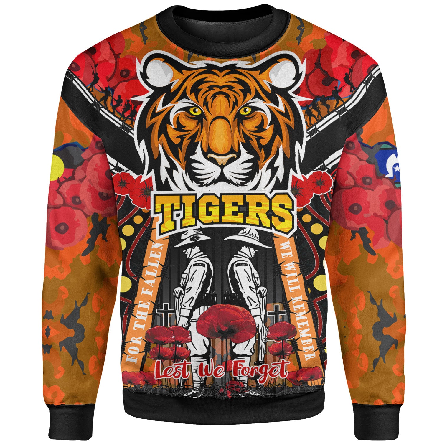 tigers-rugby-anzac-day-sweatshirt-custom-remembrance-west-tigers-with-poppy-flower-watercolour-sweatshirt