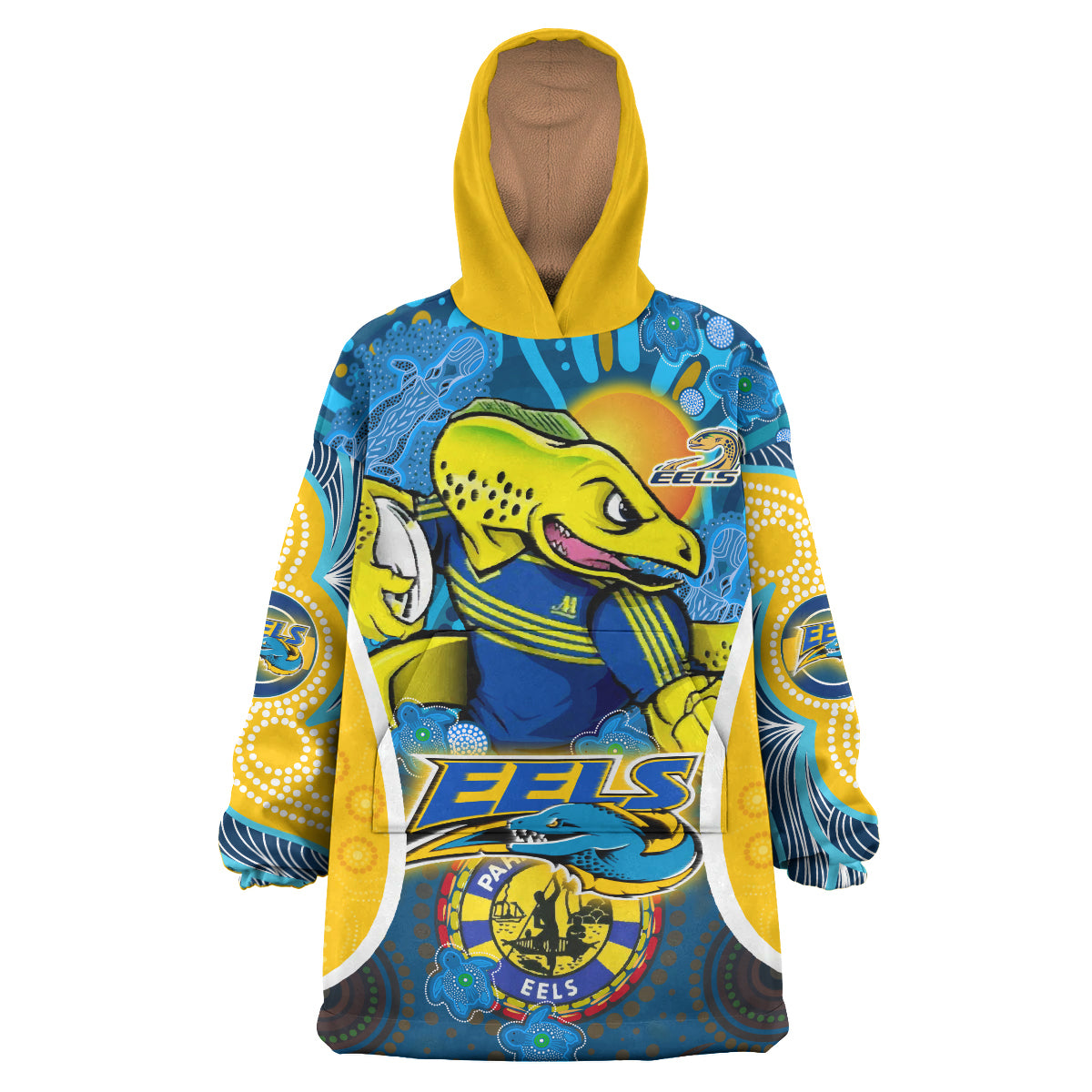 parramatta-eels-rugby-snug-hoodie-custom-eels-mascot-with-aboriginal-art-personalised-player-and-number-oodie-blanket