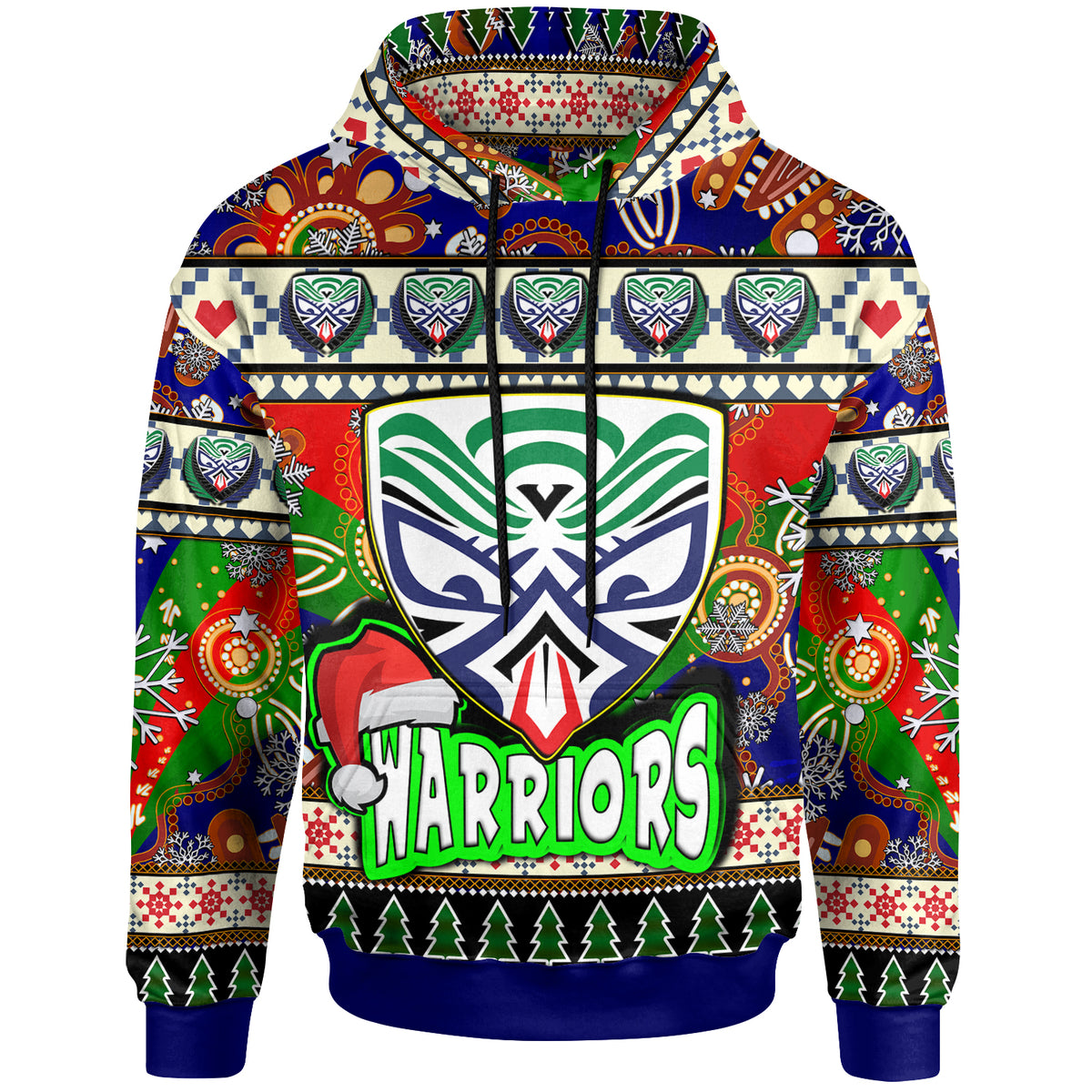 warriors-rugby-christmas-hoodie-custom-xmas-warriors-christmas-balls-snowflake-with-aboriginal-patterns-hoodie