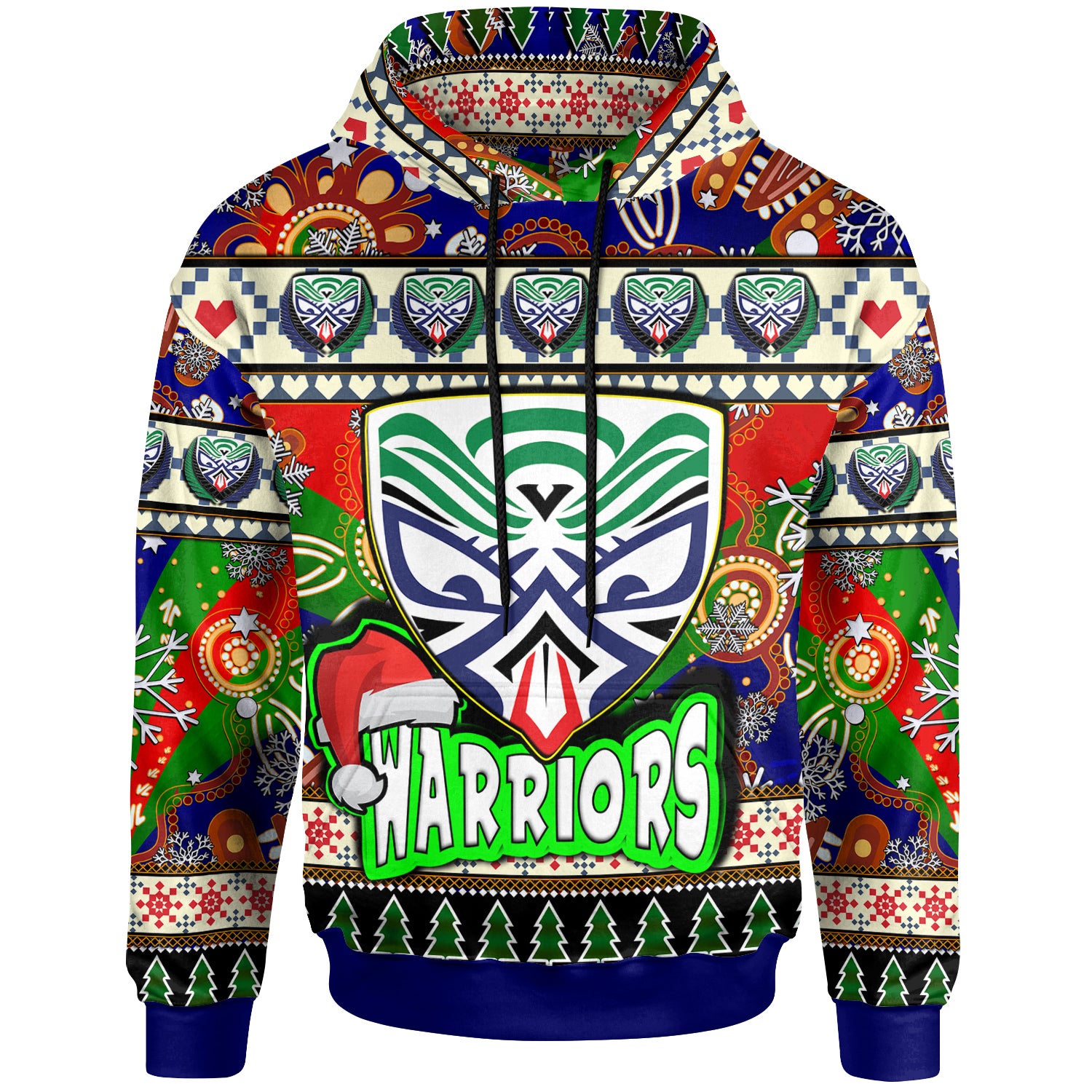 warriors-rugby-christmas-hoodie-custom-xmas-warriors-christmas-balls-snowflake-with-aboriginal-patterns-hoodie
