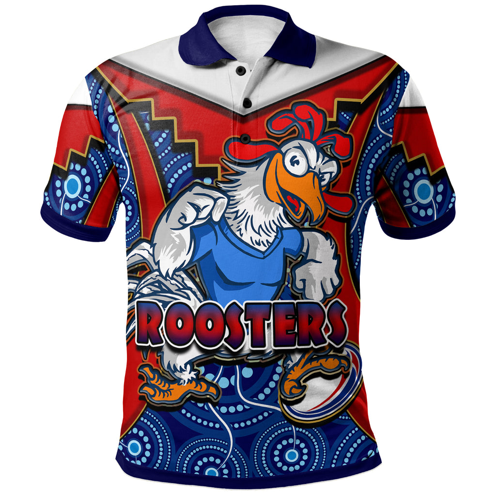 roosters-rugby-polo-shirt-custom-rooster-with-rugby-ball-aboriginal-dot-painting-personalised-player-and-number-polo-shirt