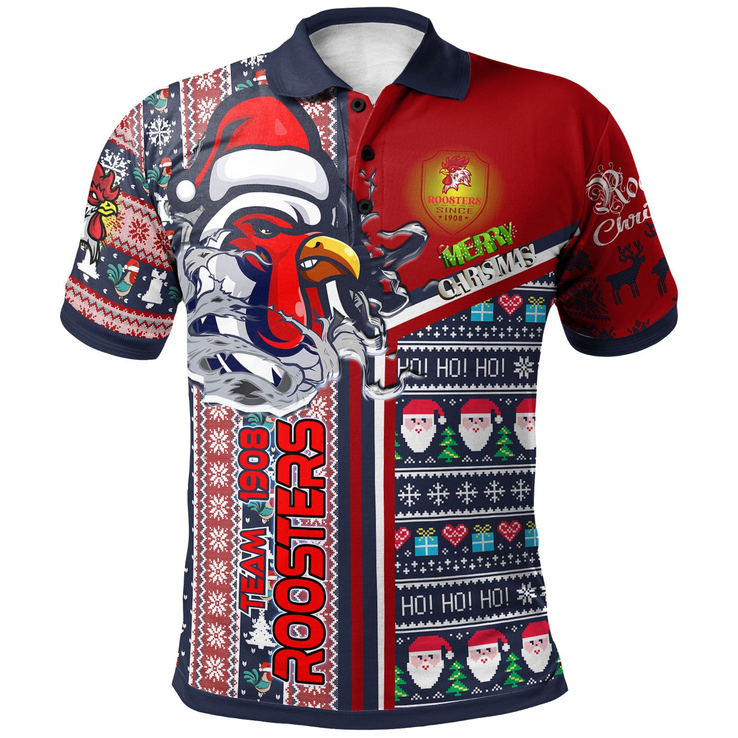 roosters-rugby-christmas-polo-shirt-custom-scratch-roosters-snowflakes-ho-ho-ho-personalized-name-and-number-polo-shirt