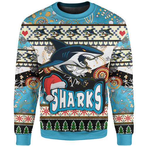 sharks-rugby-christmas-sweatshirt-custom-xmas-sharks-christmas-balls-snowflake-with-aboriginal-patterns-sweatshirt