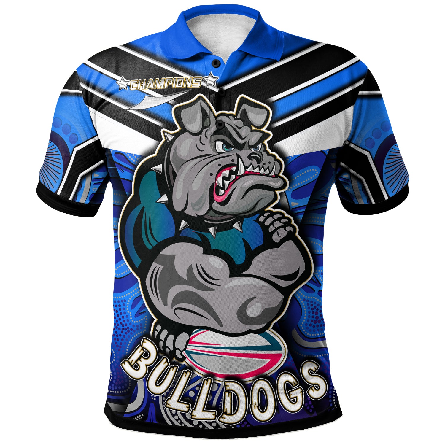 bulldogs-rugby-polo-shirt-custom-bulldog-rugby-ball-with-aboriginal-pattern-personalised-player-and-number-polo-shirt