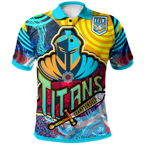 nrlw-titans-rugby-polo-shirt-custom-titans-womens-rugby-league-aboriginal-dot-painting-player-and-number-woman-polo-shirt
