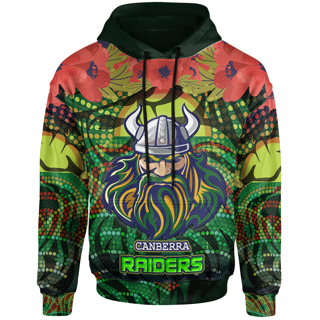 raiders-rugby-hoodie-aboriginal-dot-art-canberra-raiders-with-poppy-flower-hoodie