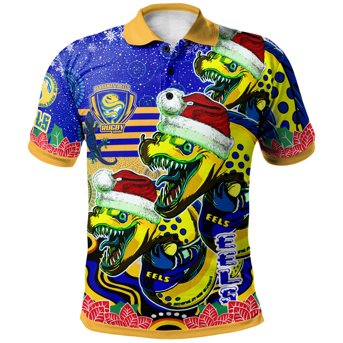 parramatta-eels-rugby-christmas-polo-shirt-custom-christmas-super-eels-squad-indigenous-polo-shirt