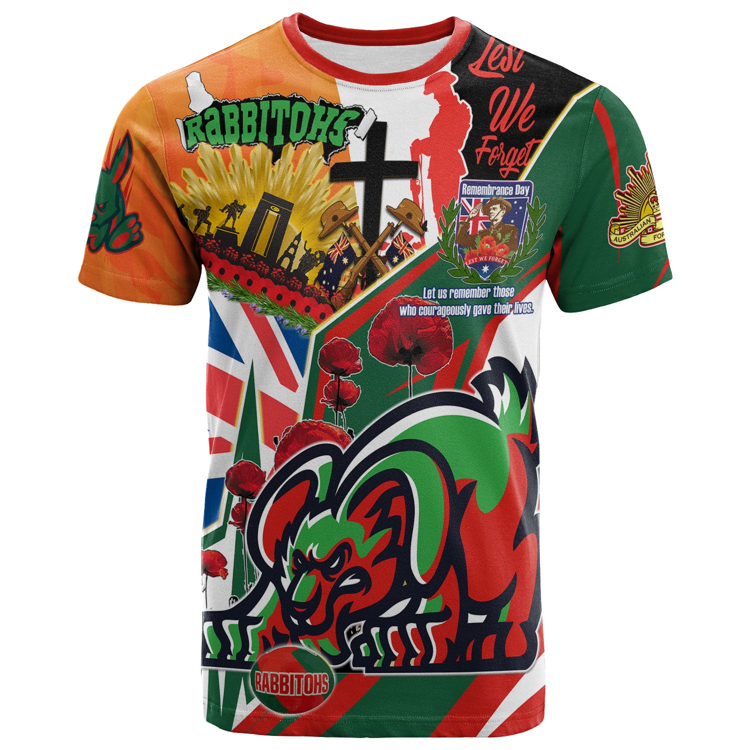 rabbitohs-rugby-t-shirt-custom-remembrance-rabbitohs-anzac-quote-with-poppy-and-rosemary-t-shirt