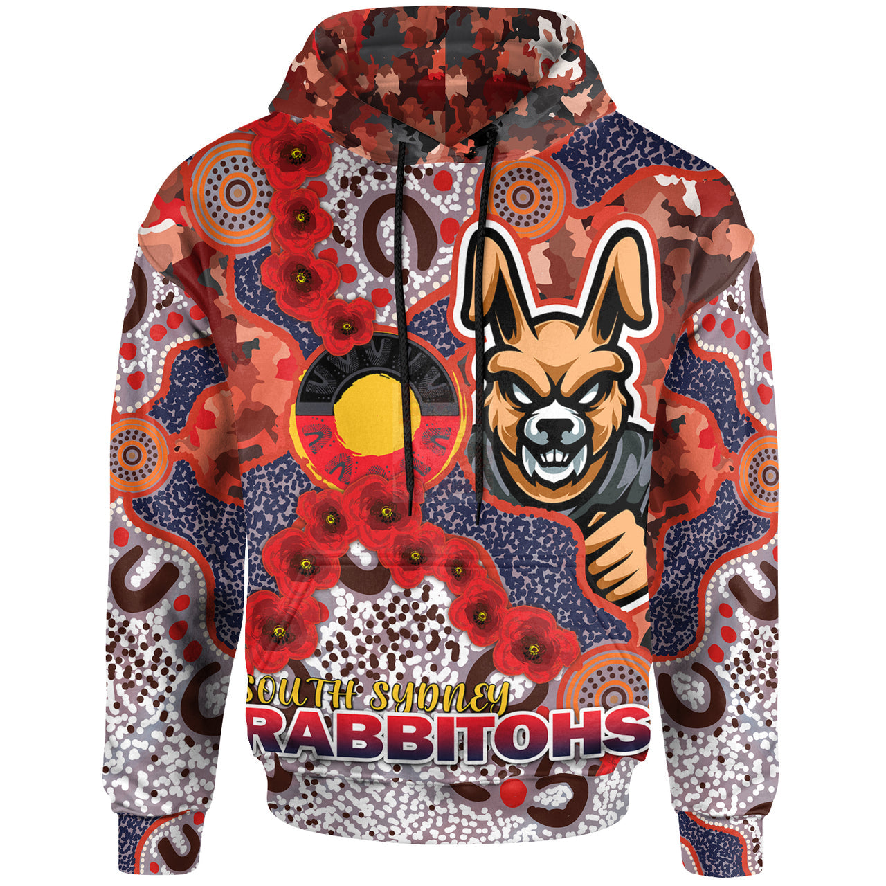 rabbitohs-rugby-hoodie-custom-anzac-south-sydney-rabbitohs-with-aboriginal-poppy-flowers-hoodie