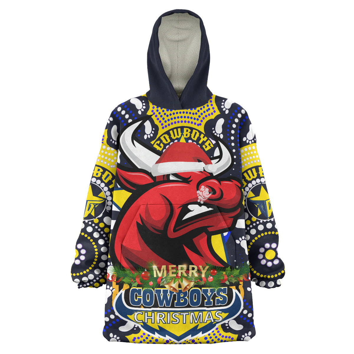 cowboys-rugby-christmas-custom-snug-hoodie-merry-christmas-north-queensland-cowboys-with-aboriginal-dot-art-painting-footprints-oodie-blanket