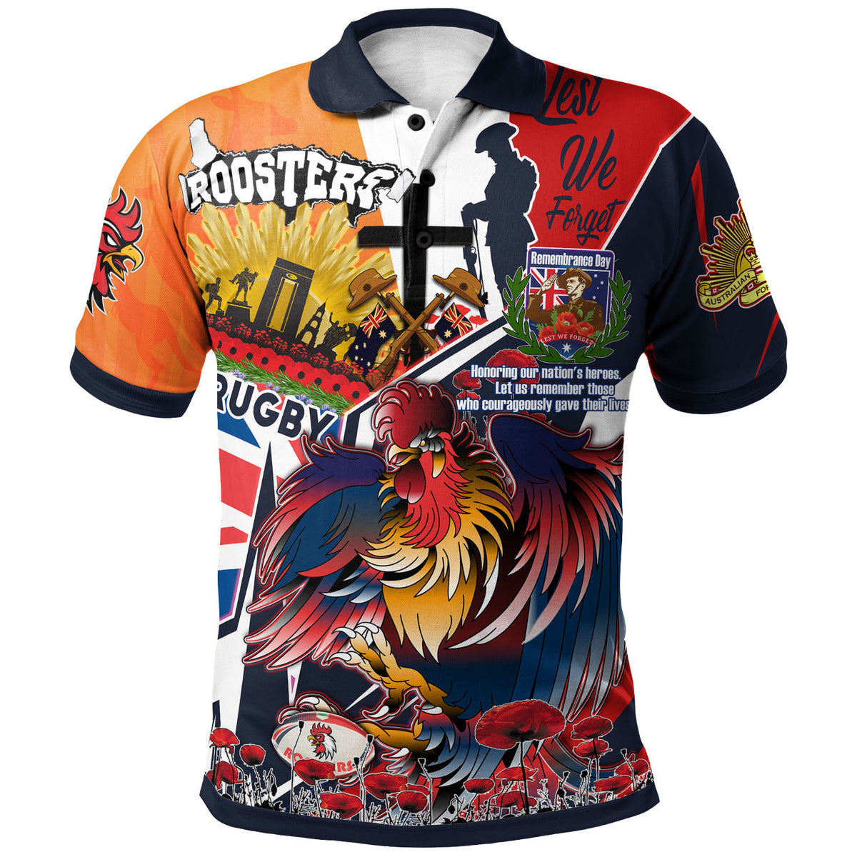 roosters-rugby-polo-shirt-custom-remembrance-roosters-anzac-quote-with-poppy-and-rosemary-polo-shirt