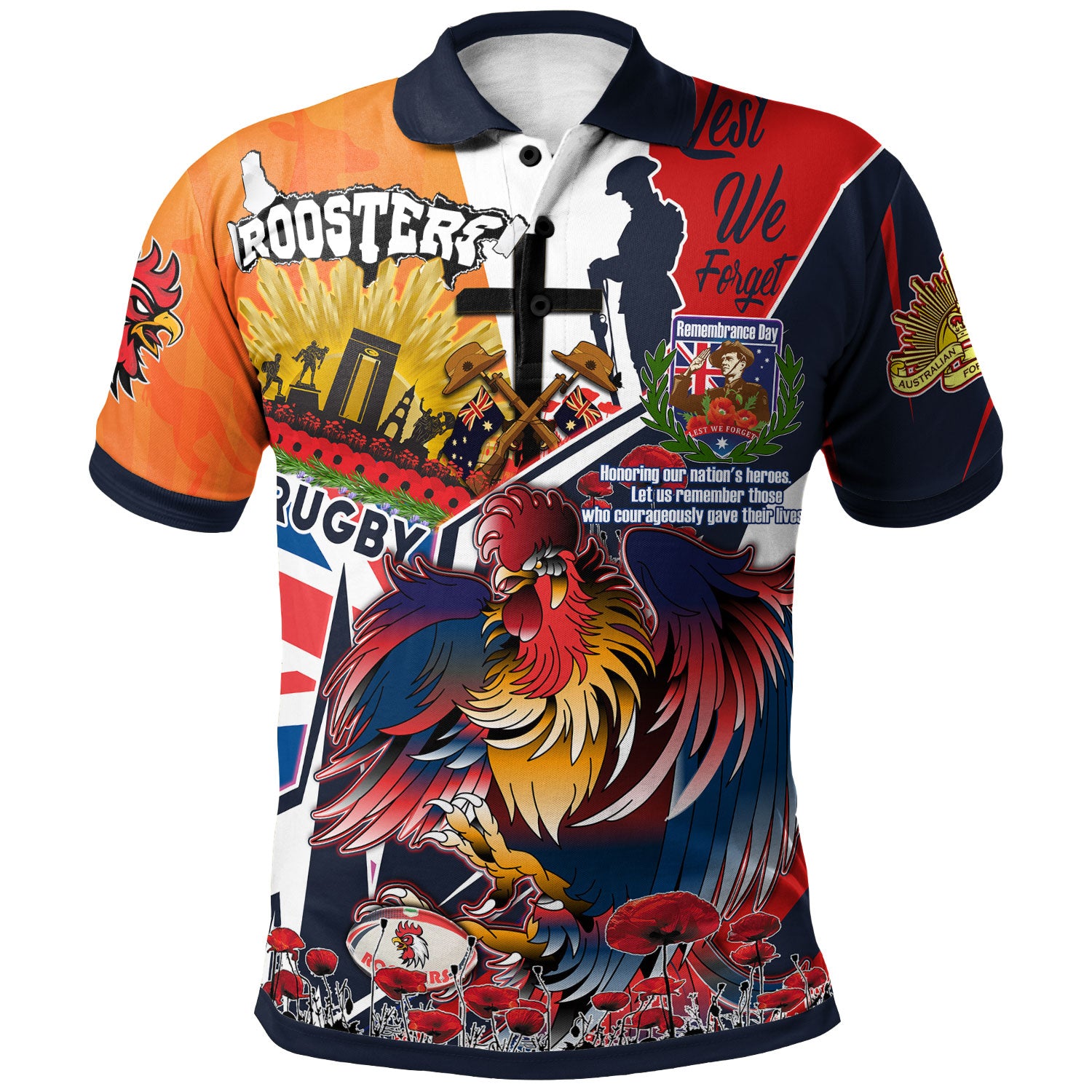 roosters-rugby-polo-shirt-custom-remembrance-roosters-anzac-quote-with-poppy-and-rosemary-polo-shirt