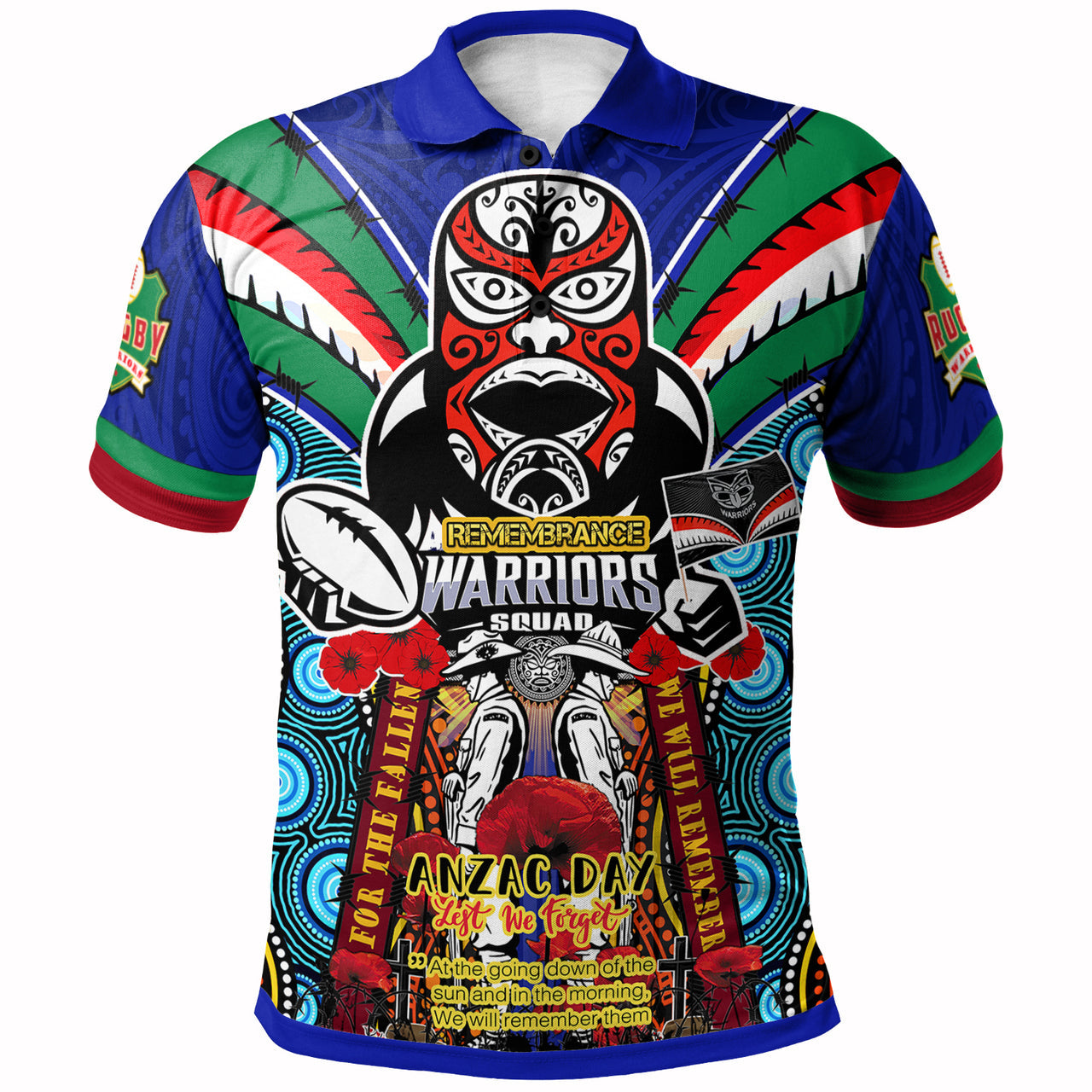 warriors-rugby-custom-anzac-polo-shirt-remembrance-warriors-with-maori-mask-and-aboriginal-patterns-home-and-away