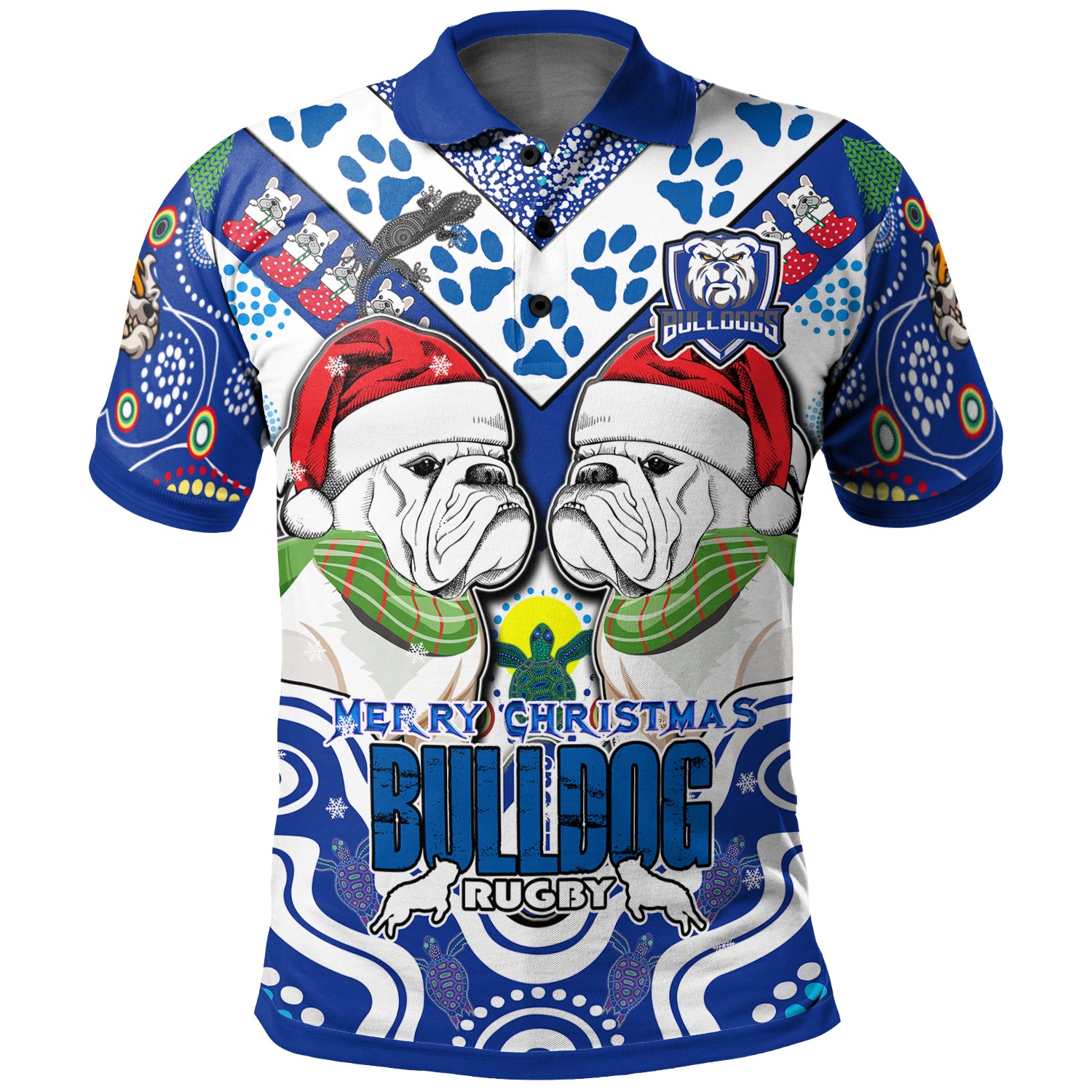 bulldogs-rugby-christmas-polo-shirt-custom-merry-bulldogs-christmas-indigenous-polo-shirt