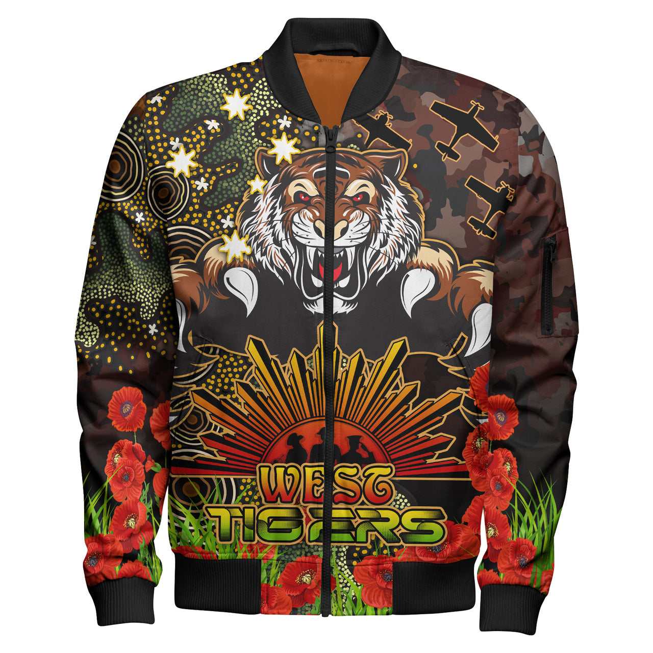 tigers-rugby-bomber-jacket-custom-anzac-tigers-with-remembrance-poppy-and-indigenous-patterns-bomber-jacket