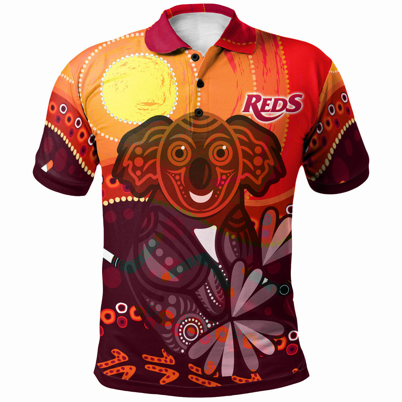 reds-rugby-custom-indigenous-polo-shirt-connection-to-the-sun-and-the-land