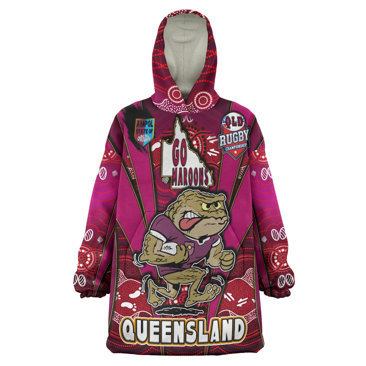 queensland-rugby-league-team-snug-hoodie-custom-queensland-maroons-mascot-with-aboriginal-art-state-of-origin-oodie-blanket