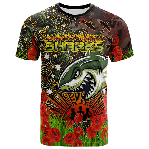 sharks-rugby-t-shirt-custom-anzac-sharks-with-remembrance-poppy-and-indigenous-patterns-t-shirt