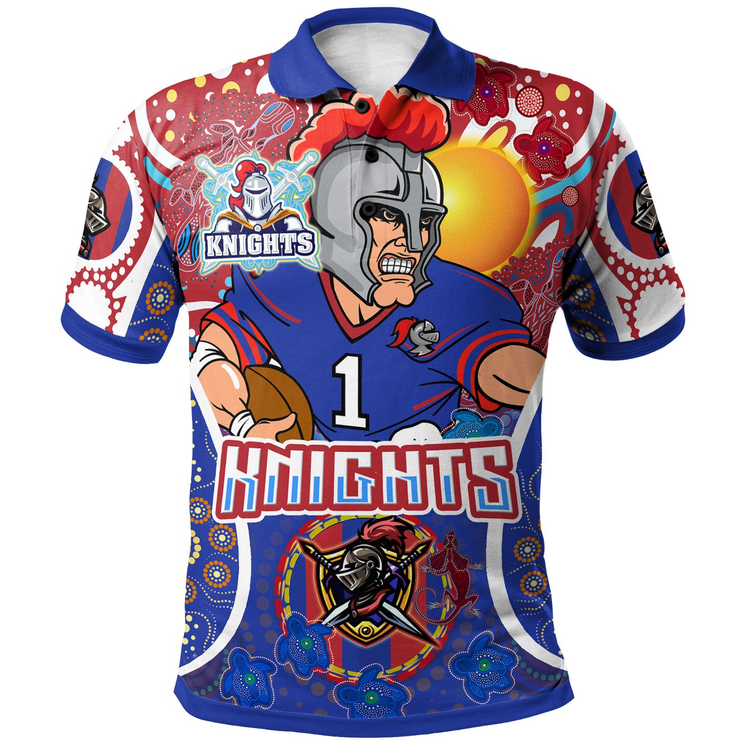 knights-rugby-polo-shirt-custom-indigenous-newcastle-knights-mascot-with-aboriginal-art-personalised-player-and-number-polo-shirt