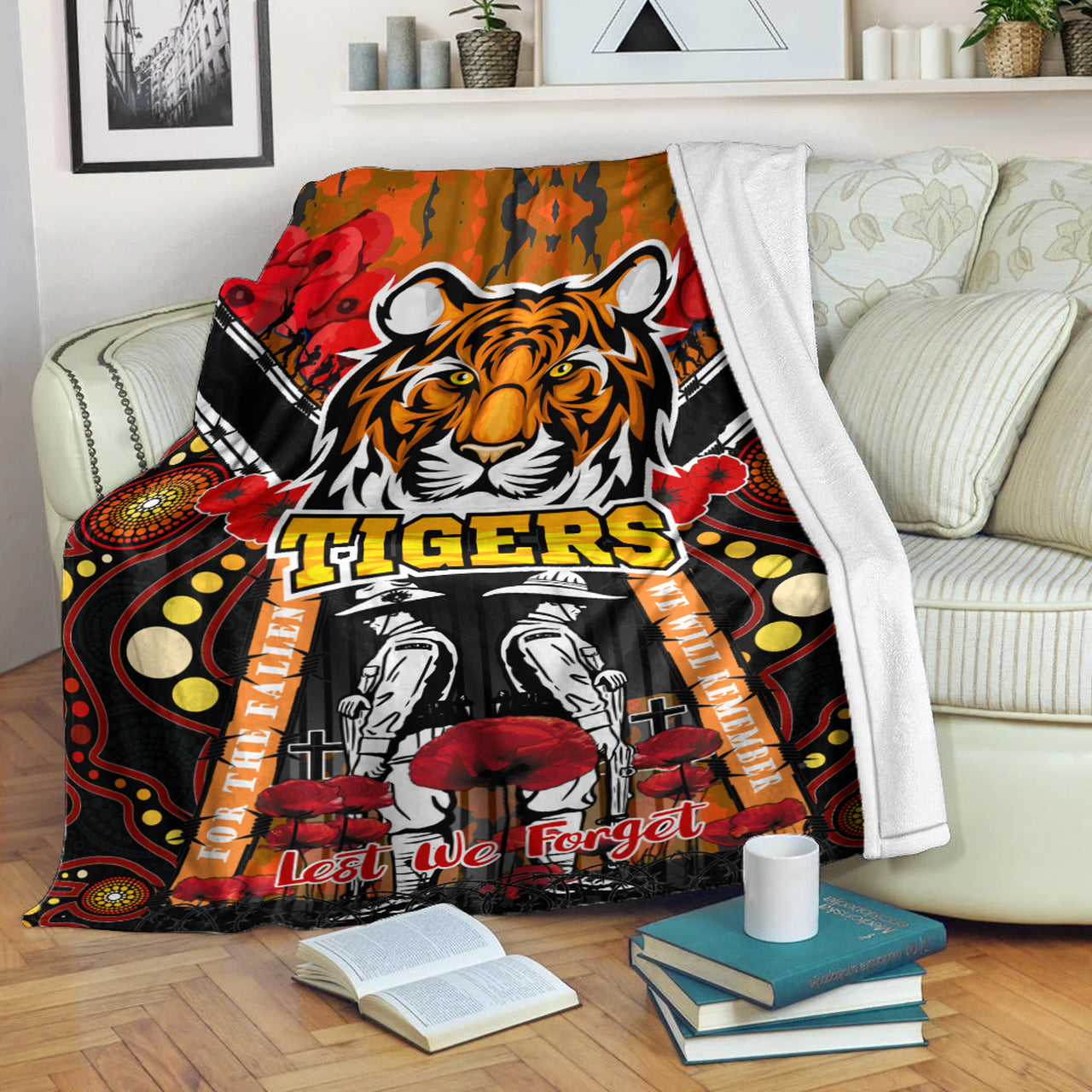 tigers-rugby-anzac-day-watercolour-blanket-custom-remembrance-west-tigers-with-poppy-flower