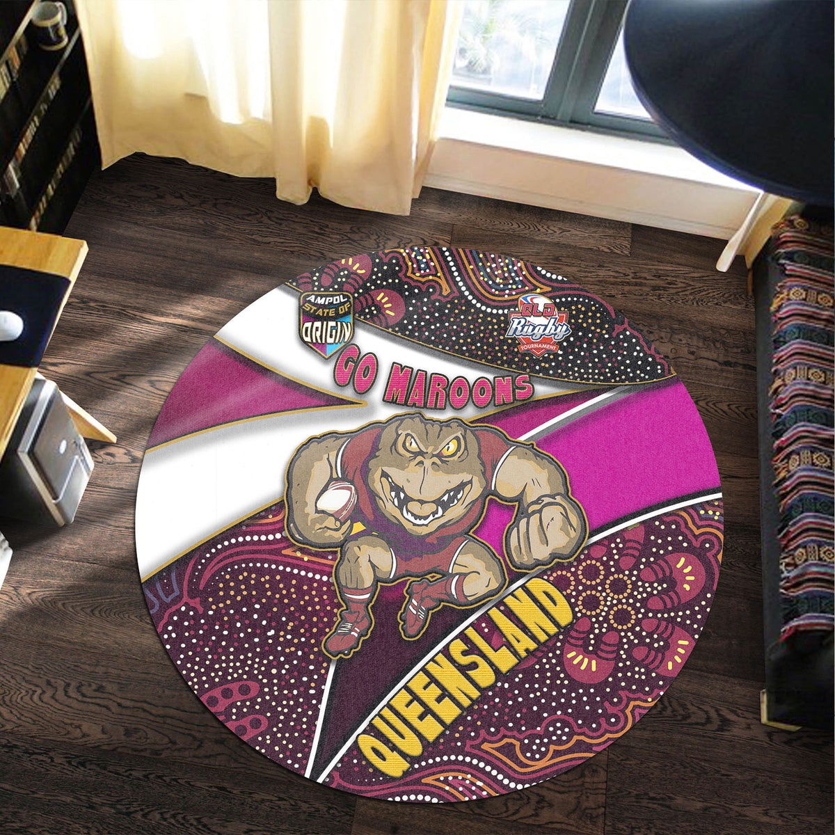 queensland-rugby-league-team-round-rug-queensland-maroons-with-aboriginal-patterns-state-of-origin-round-rug