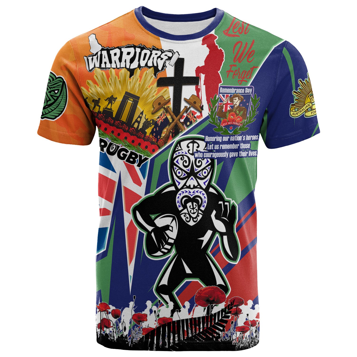warriors-rugby-t-shirt-custom-remembrance-warriors-anzac-quote-with-poppy-and-rosemary-t-shirt