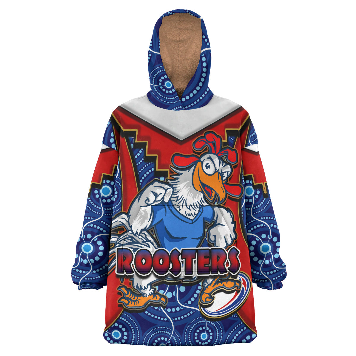 roosters-rugby-snug-hoodie-custom-rooster-with-rugby-ball-aboriginal-dot-painting-personalised-player-and-number-oodie-blanket