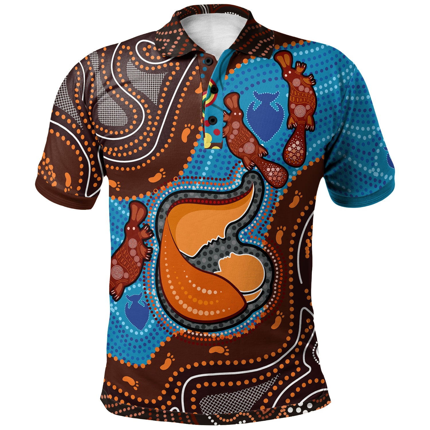 australia-custom-polo-shirt-aboriginal-inspired-mother-and-son-platypus-art-land-and-river-concept-polo-shirt